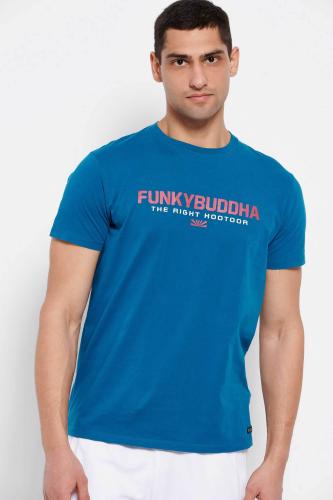 Funky Buddha ανδρικό βαμβακερό T-shirt με contrast logo print μπροστά - FBM007-324-04 Πετρόλ